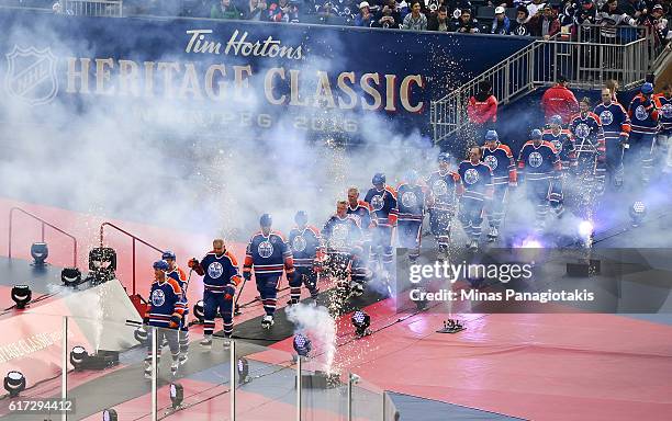 Edmonton Oilers alumni take to the ice in advance of the 2016 Tim Hortons NHL Heritage Classic alumni game at Investors Group Field on October 22,...