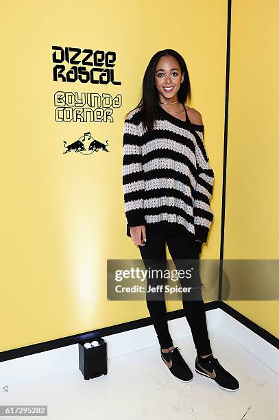 Katarina Johnson-Thompson attends Dizzee Rascal: Boy In Da Corner Live at Copper Box Arena as part of the Red Bull Music Academy UK Tour on October...