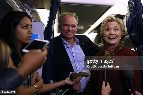 Democratic preisdential nominee former Secretary of State Hillary Clinton and vice presidential nominee U.S. Sen. Tim Kaine speak to reporters on the...