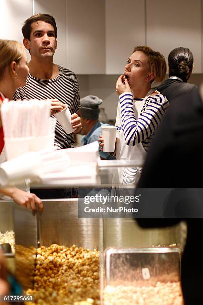 Scarlett Johansson and Romain Dauriac attend the opening of the Yummy Pop shop where Scarlett Johansson opens the new store Yummy Pop in Le Marais in...