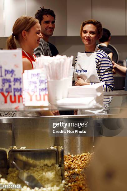 Scarlett Johansson and Romain Dauriac attend the opening of the Yummy Pop shop where Scarlett Johansson opens the new store Yummy Pop in Le Marais in...
