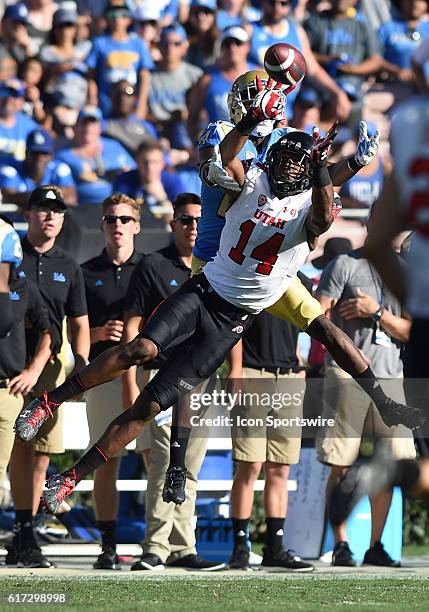 Utah Brian Allen intercepts a pass in the fourth quarter during an NCAA football game between the Utah Utes and the UCLA Bruins on October 22 at the...