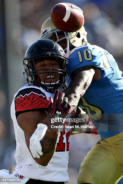 Fabian Moreau of the UCLA Bruins breaks up a pass intended for Tim Patrick of the Utah Utes during the second half of a game at the Rose Bowl on...