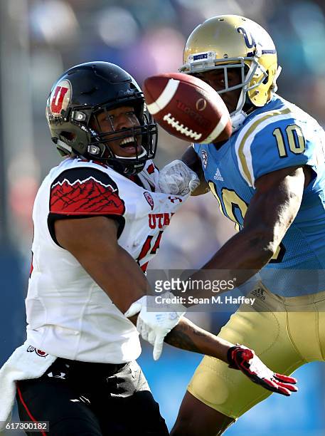 Fabian Moreau of the UCLA Bruins breaks up a pass intended for Tim Patrick of the Utah Utes during the second half of a game at the Rose Bowl on...