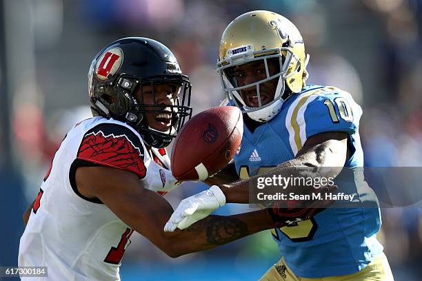 Fabian Moreau of the UCLA Bruins breaks up a pass intended for Tim Patrick of the Utah Utes during the second half of a game at the Rose Bowl on...