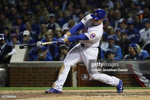 Anthony Rizzo of the Chicago Cubs hits a solo home run in the fifth inning against the Los Angeles Dodgers during game six of the National League...