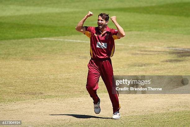 Michael Neser of the Bulls celebrates after claiming the wicket of Nick Larkin of the Blues during the Matador BBQs One Day Cup Final match between...