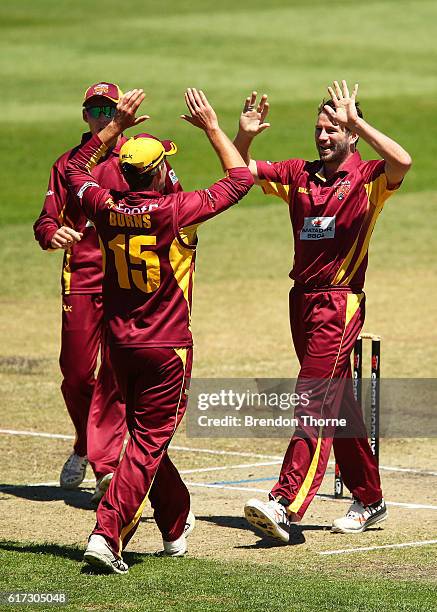 Michael Neser of the Bulls celebrates with team mates after claiming the wicket of Nick Larkin of the Blues during the Matador BBQs One Day Cup Final...