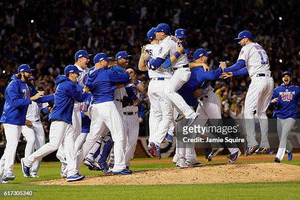 The Chicago Cubs celebrate defeating the Los Angeles Dodgers 5-0 in game six of the National League Championship Series to advance to the World...