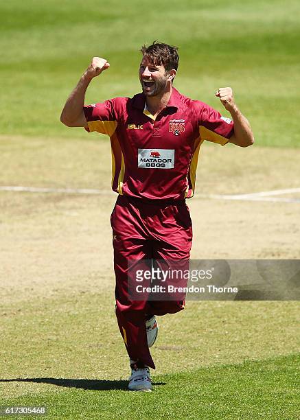 Michael Neser of the Bulls celebrates after claiming the wicket of Nic Maddinson of the Blues during the Matador BBQs One Day Cup Final match between...