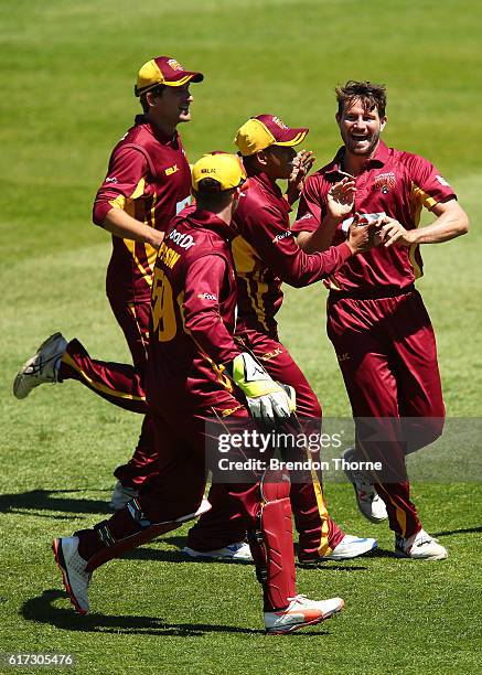 Michael Neser of the Bulls celebrates with team mates after claiming the wicket of Nic Maddinson of the Blues during the Matador BBQs One Day Cup...