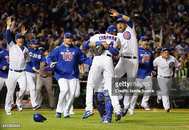 The Chicago Cubs celebrate defeating the Los Angeles Dodgers 5-0 in game six of the National League Championship Series to advance to the World...