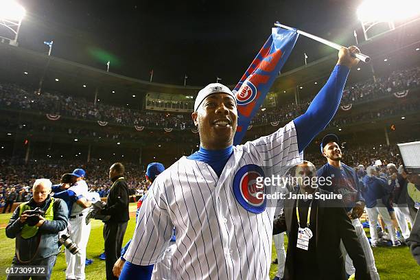 Aroldis Chapman of the Chicago Cubs reacts after defeating the Los Angeles Dodgers 5-0 in game six of the National League Championship Series to...