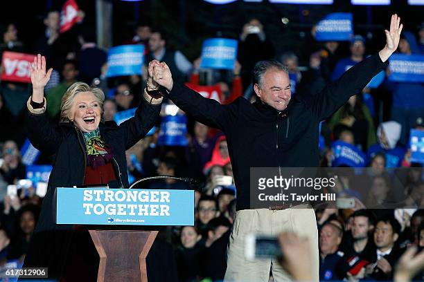 Hillary Clinton and Tim Kaine campaign for President and Vice-President of the United States at University of Pennsylvania on October 22, 2016 in...