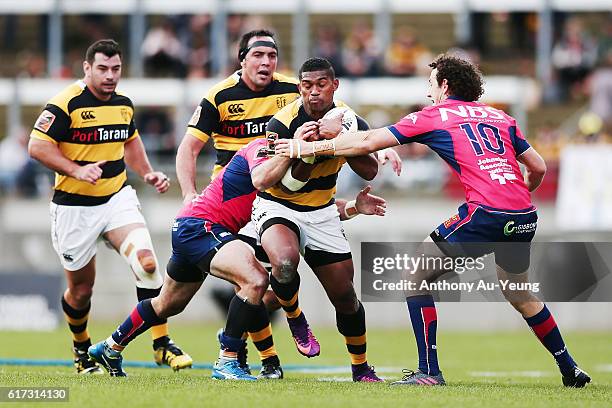 Waisake Naholo of Taranaki on the charge during the Mitre 10 Cup Semi Final match between Taranaki and Tasman on October 23, 2016 in New Plymouth,...