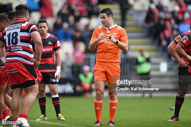 Referee Ben O'Keeffe reacting during the Mitre 10 Cup Semi Final match between Canterbury and Counties Manukau on October 23, 2016 in Christchurch,...