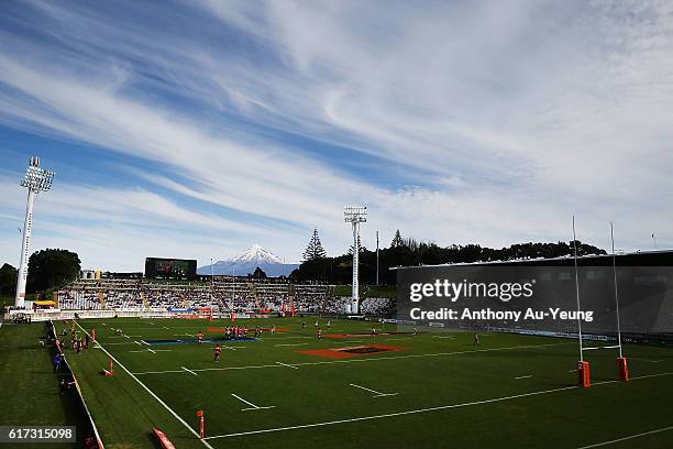 General view with Mount Taranaki in the backdrop is seen during the Mitre 10 Cup Semi Final match between Taranaki and Tasman on October 23, 2016 in...