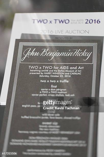 View of John Benjamin Hickey's place card at TWO x TWO For AIDS and Art 2016 on October 22, 2016 in Dallas, Texas.