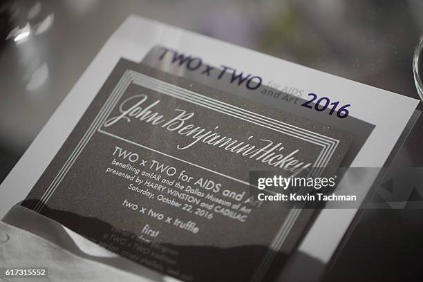 View of John Benjamin Hickey's place card at TWO x TWO For AIDS and Art 2016 on October 22, 2016 in Dallas, Texas.