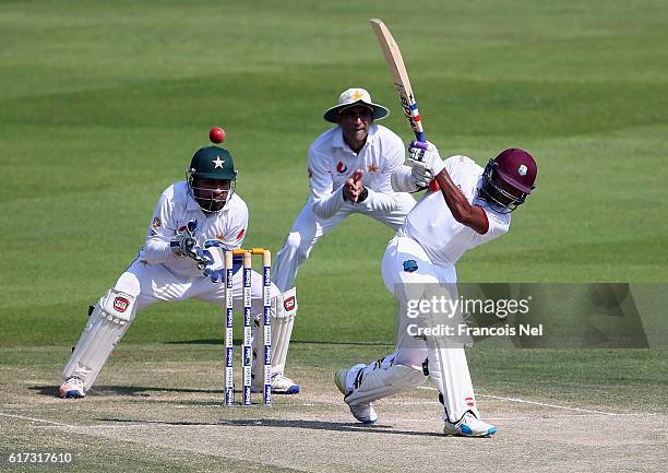 Devendra Bishoo of West Indies bats during Day Three of the Second Test between Pakistan and West Indies at Zayed Cricket Stadium on October 23, 2016...