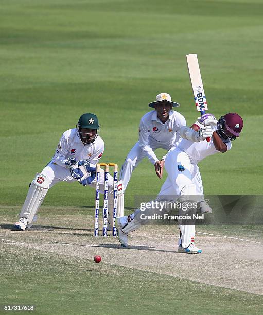 Devendra Bishoo of West Indies bats during Day Three of the Second Test between Pakistan and West Indies at Zayed Cricket Stadium on October 23, 2016...