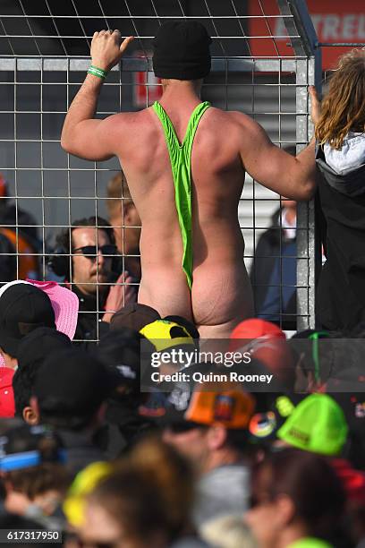 Fan in a mankini watches on at the medal presentation during the 2016 MotoGP of Australia at Phillip Island Grand Prix Circuit on October 23, 2016 in...