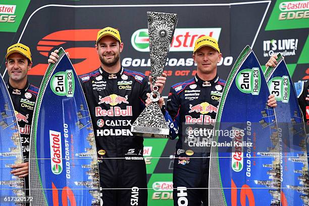 Shane Van Gisbergen and Alex Premat drivers of the Red Bull Racing Australia Holden Commodore VF celebrate after winning the pirtek endurance cup...