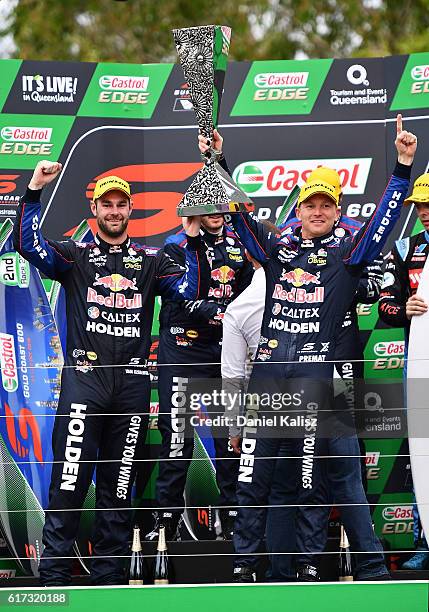 Shane Van Gisbergen and Alex Premat drivers of the Red Bull Racing Australia Holden Commodore VF celebrate after winning the pirtek endurance cup...