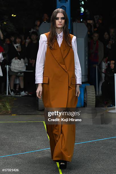 Model showcases designs on the runway during the MIKIO SAKABE show as part of Amazon Fashion Week TOKYO 2017 S/S at the Miyashita Park on October 22,...