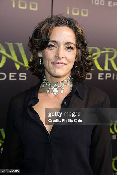 Actress Janet Kidder arrives on the green carpet for the Celebration of the 100th Episode of CW's "Arrow" at the Fairmont Pacific Rim Hotel on Oct...