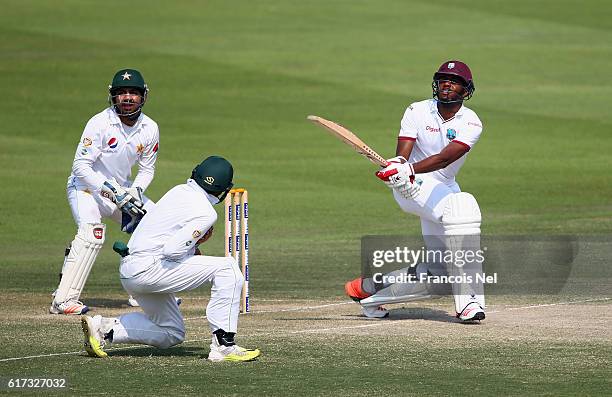 Miguel Cummins of West Indies bats during Day Three of the Second Test between Pakistan and West Indies at Zayed Cricket Stadium on October 23, 2016...