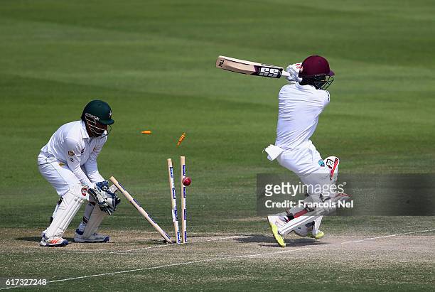Shai Hope of West Indies is bowled by Yasir Shah of Pakistan during Day Three of the Second Test between Pakistan and West Indies at Zayed Cricket...