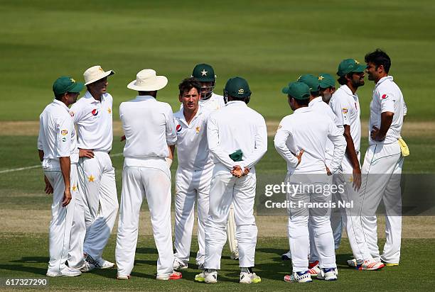 Yasir Shah of Pakistan celebrates with teammates after dismissing Shai Hope of West Indies during Day Three of the Second Test between Pakistan and...