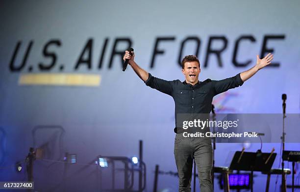 Actor Scott Eastwood speaks onstage during "Spike's Rock the Troops" event held at Joint Base Pearl Harbor - Hickam on October 22, 2016 in Honolulu,...