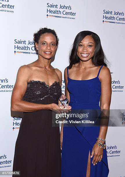 Athletes Joanna Hayes and Allyson Felix attend St. John's Health Center 2016 Caritas Gala on October 22, 2016 in Beverly Hills, California.