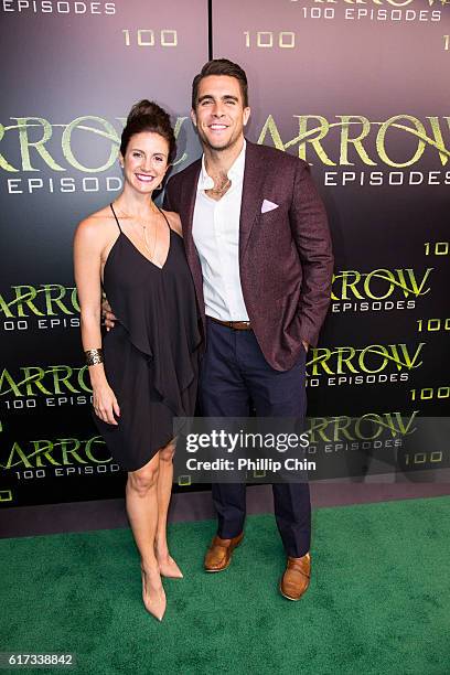 Brace Rice and actor Josh Segarra arrive on the green carpet for the Celebration of the 100th Episode of CW's "Arrow" at the Fairmont Pacific Rim...