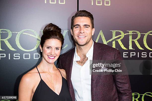 Brace Rice and actor Josh Segarra arrive on the green carpet for the Celebration of the 100th Episode of CW's "Arrow" at the Fairmont Pacific Rim...