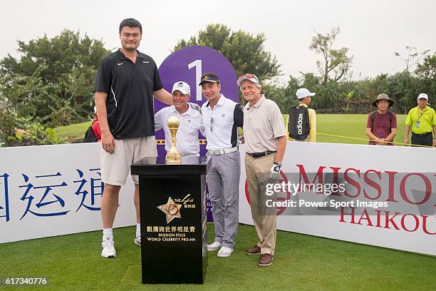 Yao Ming, Gary Player, Tenniel Chu, Michael Douglas at the 1st hole of the World Celebrity Pro-Am 2016 Mission Hills China Golf Tournament on 23...