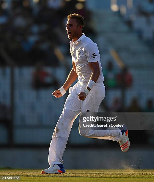 Stuart Broad of England celebrates dismissing Mehedi Hasan Miraz of Bangladesh during the 4th day of the 1st Test match between Bangladesh and...