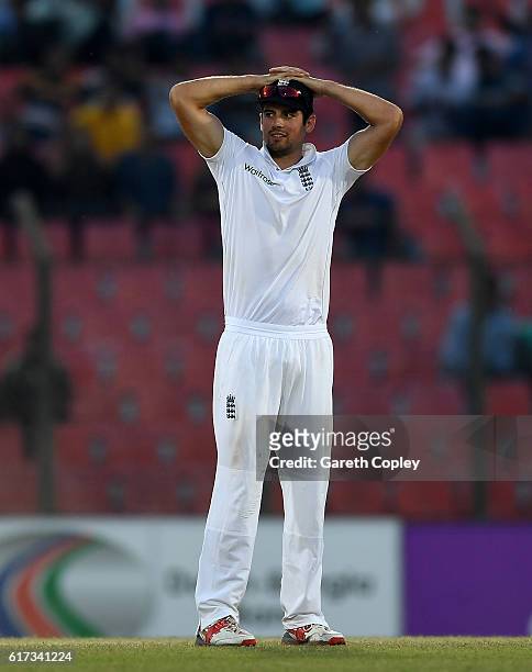 England captain Alastair Cook reacts during the 4th day of the 1st Test match between Bangladesh and England at Zohur Ahmed Chowdhury Stadium on...