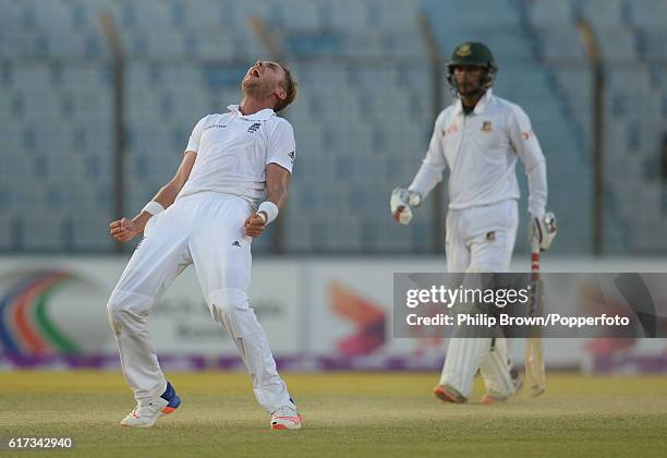 Stuart Broad celebrates after dismissing Kamrul Islam Rabbi during the fourth day of the first test match between Bangladesh and England at Zohur...