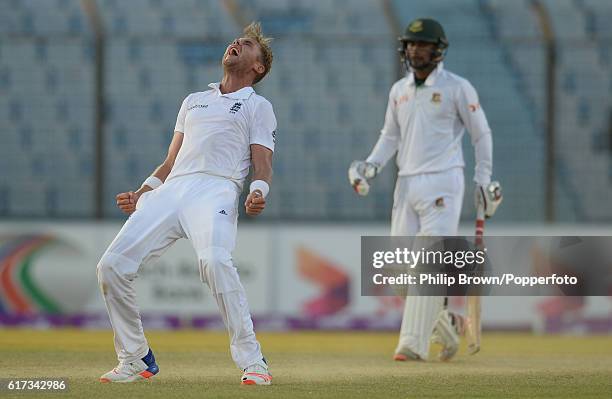 Stuart Broad celebrates after dismissing Kamrul Islam Rabbi during the fourth day of the first test match between Bangladesh and England at Zohur...