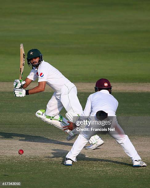 Azhar Ali of Pakistan bats during Day Three of the Second Test between Pakistan and West Indies at Zayed Cricket Stadium on October 23, 2016 in Abu...