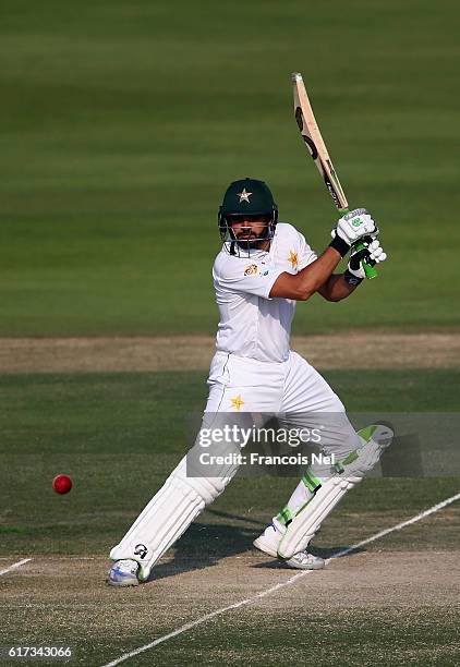 Azhar Ali of Pakistan bats during Day Three of the Second Test between Pakistan and West Indies at Zayed Cricket Stadium on October 23, 2016 in Abu...