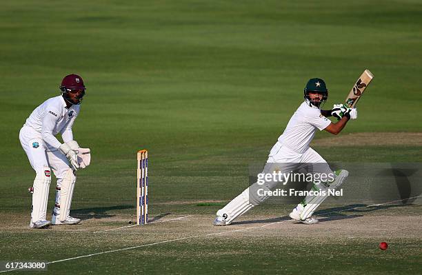 Azhar Ali of Pakistan bats during Day Three of the Second Test between Pakistan and West Indies at Zayed Cricket Stadium on October 23, 2016 in Abu...