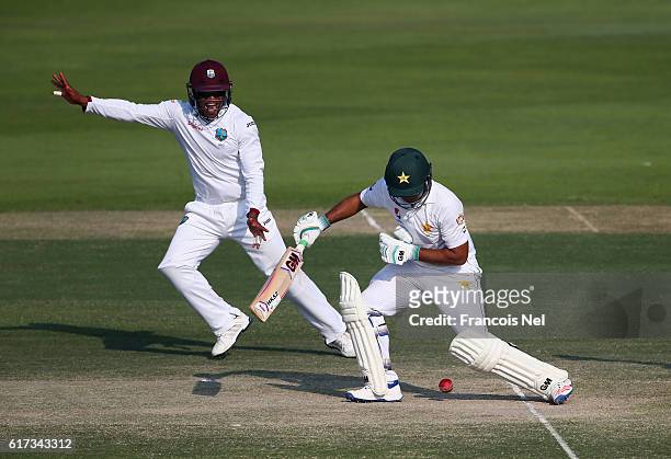 Leon Johnson of West Indies appeals for the wicket of Sami Aslam of Pakistan during Day Three of the Second Test between Pakistan and West Indies at...