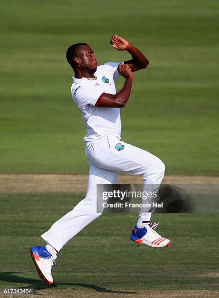 Miguel Cummins of West Indies bowls during Day Three of the Second Test between Pakistan and West Indies at Zayed Cricket Stadium on October 23, 2016...