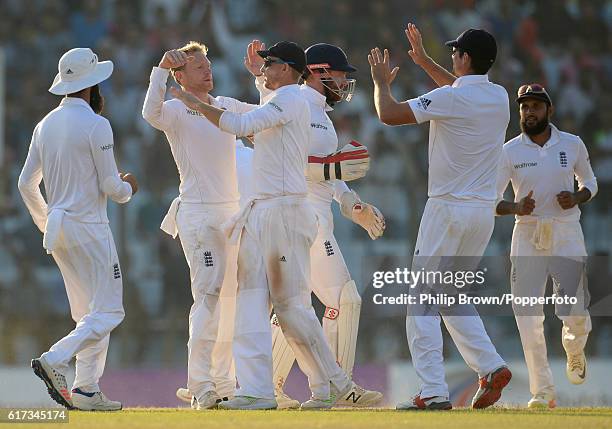 Gareth Batty celebrates after dismissing Mushfiqur Rahim during the fourth day of the first test match between Bangladesh and England at Zohur Ahmed...