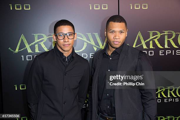 Actors Keiynan Lonsdale and Franz Drameh arrive on the green carpet for the celebration of the 100th Episode of CW's "Arrow" at the Fairmont Pacific...