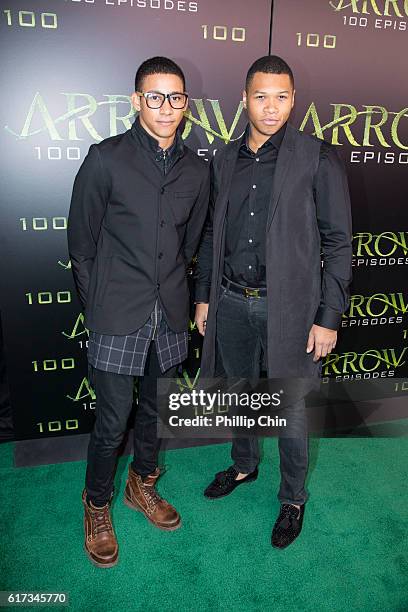 Actors Keiynan Lonsdale and Franz Drameh arrive on the green carpet for the celebration of the 100th Episode of CW's "Arrow" at the Fairmont Pacific...